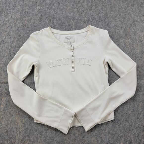 Matin Kim Applique Logo Henley Top Sweater Size M White Long Sleeve K-Pop Korea - Picture 2 of 15